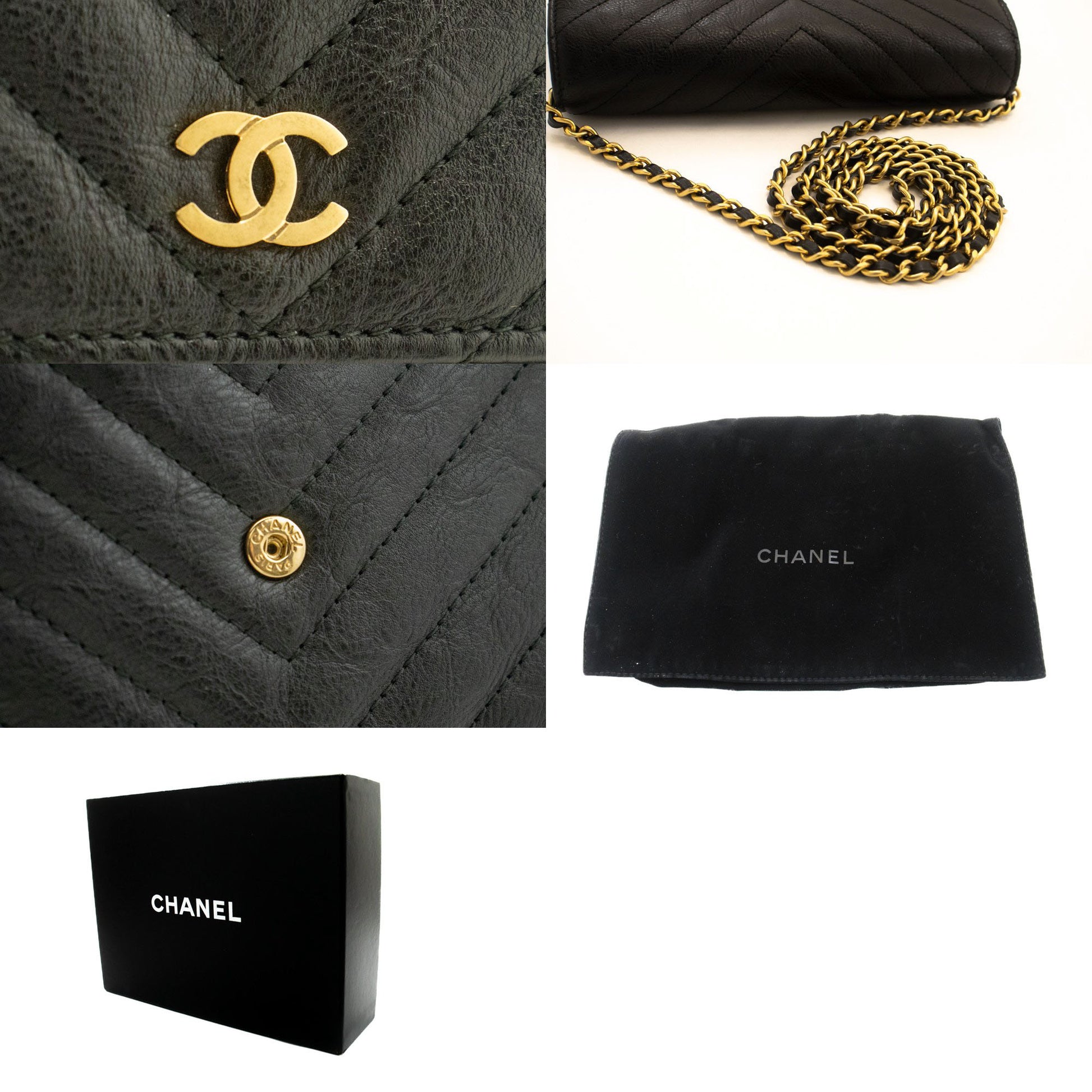 CHANEL V-Stitch Calfskin Wallet On Chain WOC Chain Shoulder Bag ab2 hannari-shop