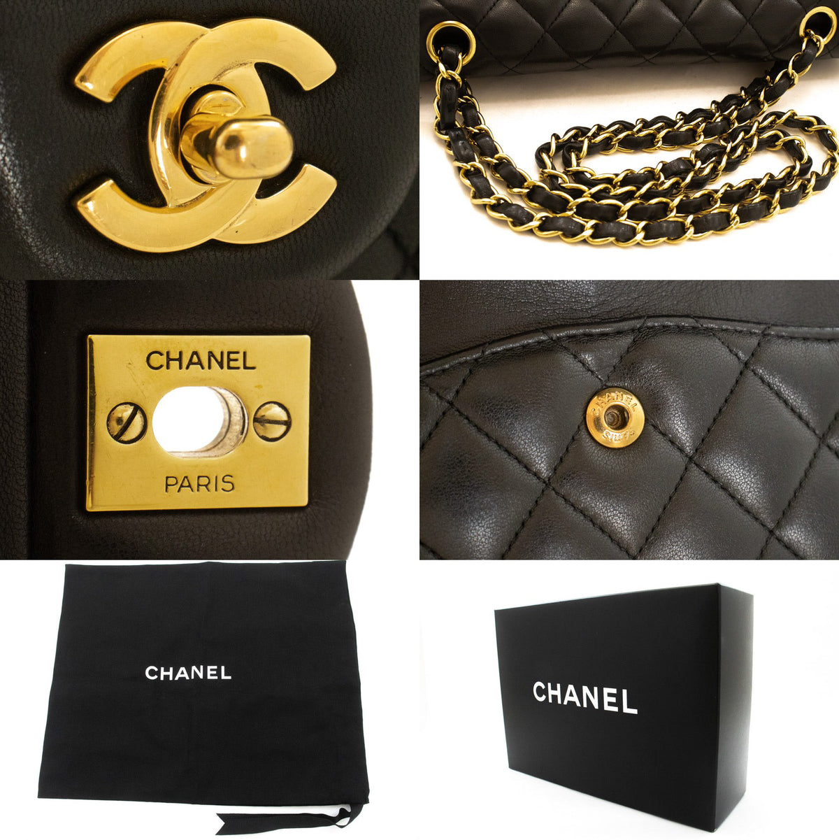 CHANEL Classic Double Flap 10" Chain Shoulder Bag Black Lambskin aq1 — hardware hannari-shop