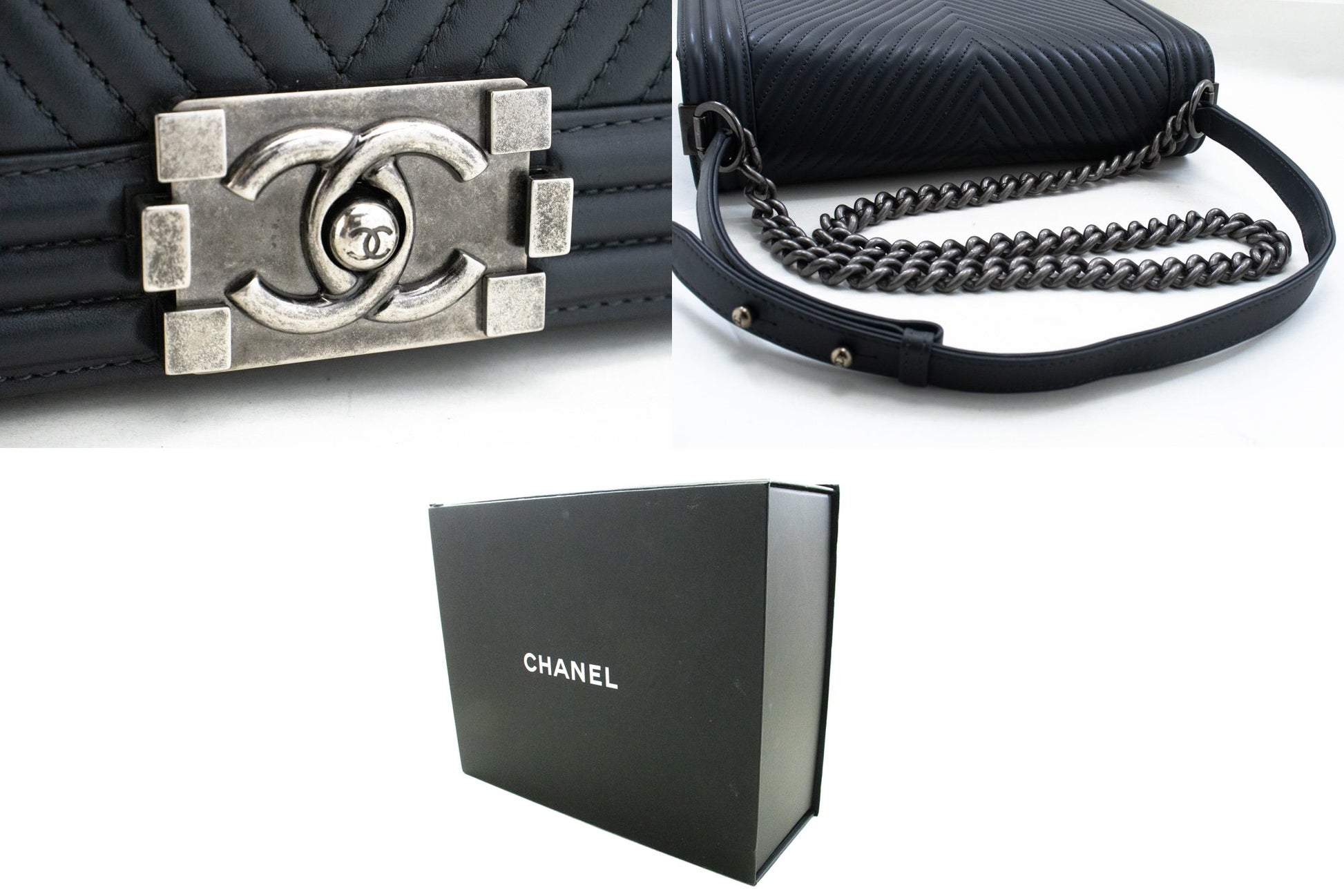 CHANEL Boy Dark Gray V-Stitch Chain Shoulder Bag Quilted Flap n41 hannari-shop