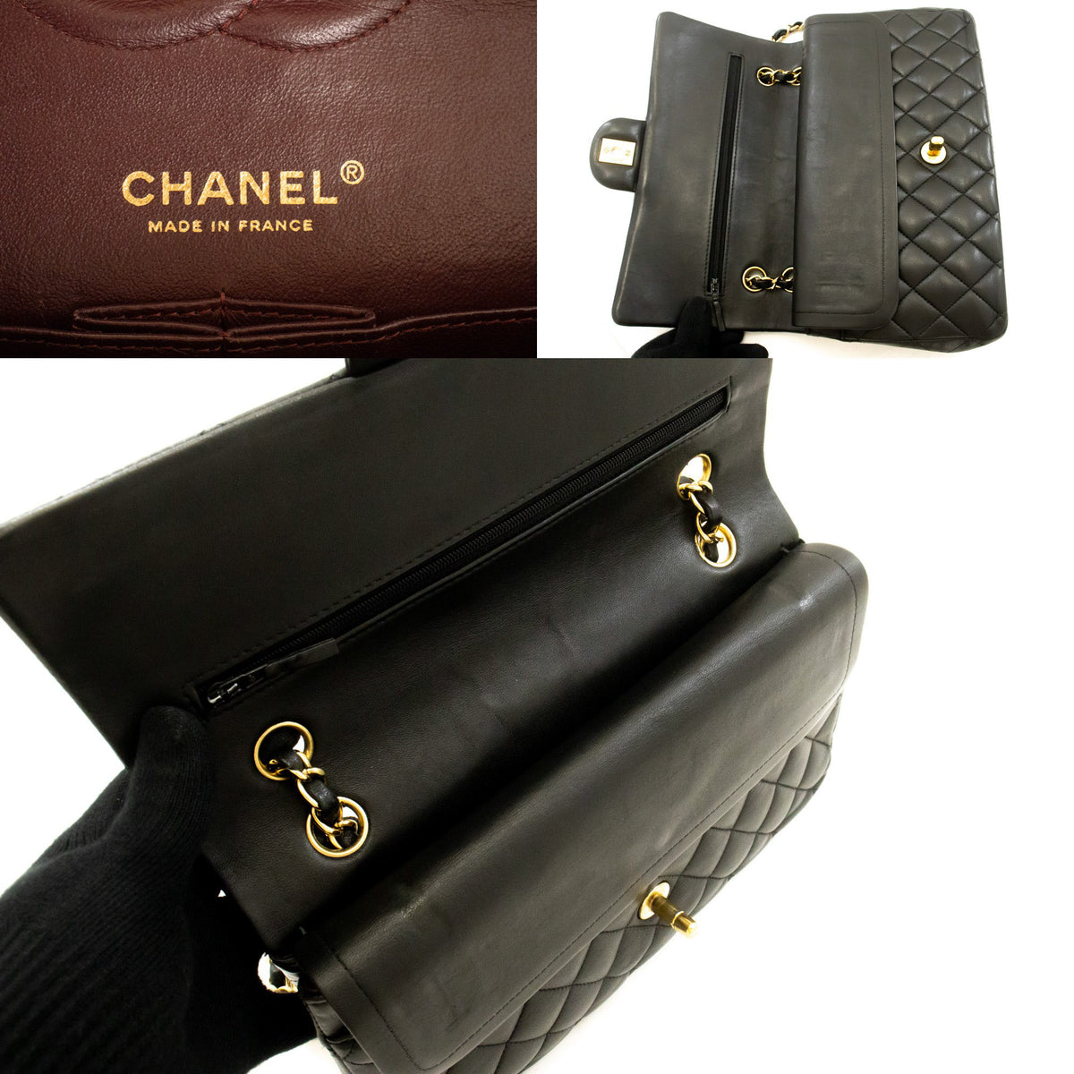 CHANEL Classic Double Flap 10" Chain Shoulder Bag Black Lambskin aq1 — interior CHANEL logo hannari-shop