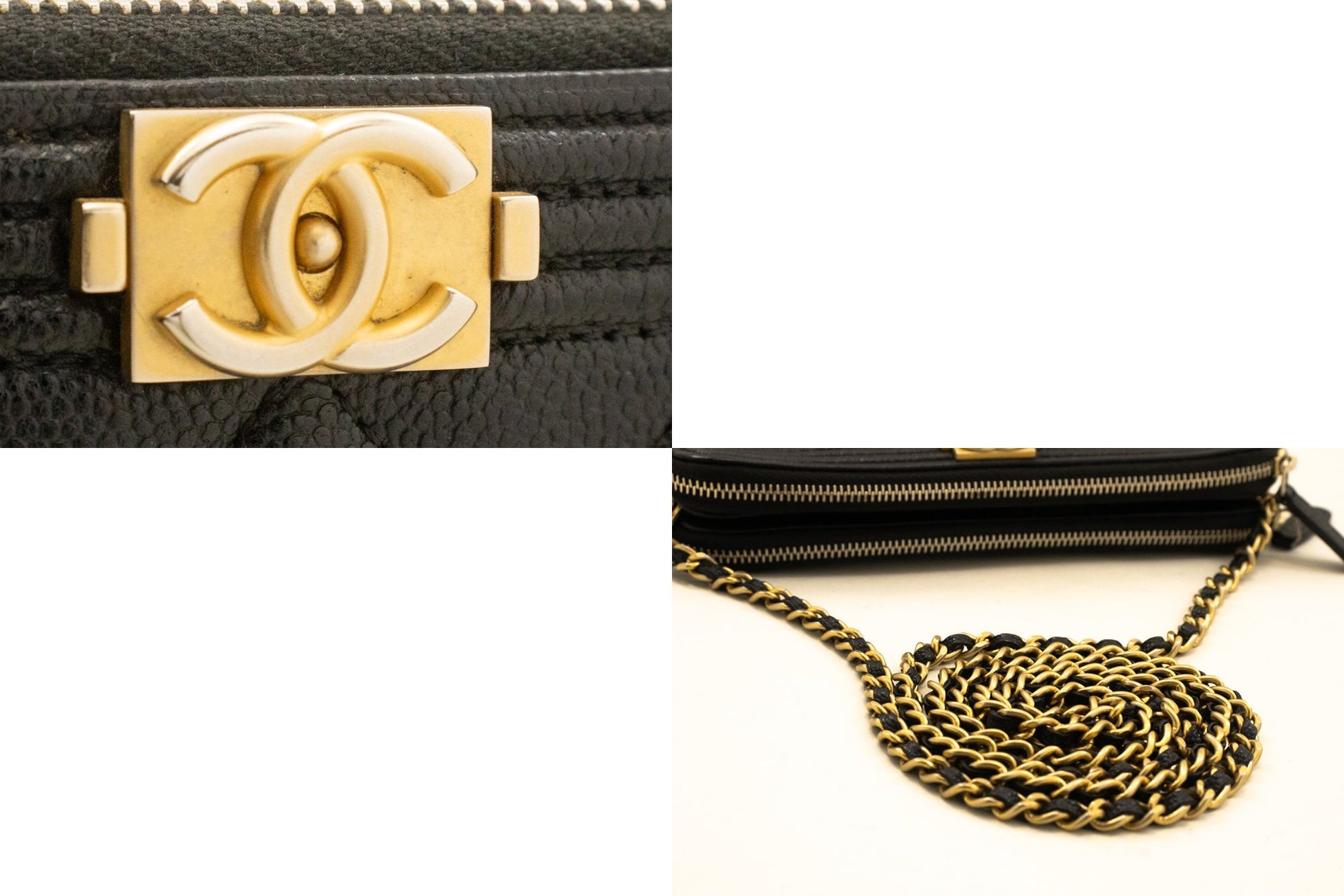 CHANEL Boy Black Caviar Wallet On Chain WOC Double Zip Shoulder n35 hannari-shop