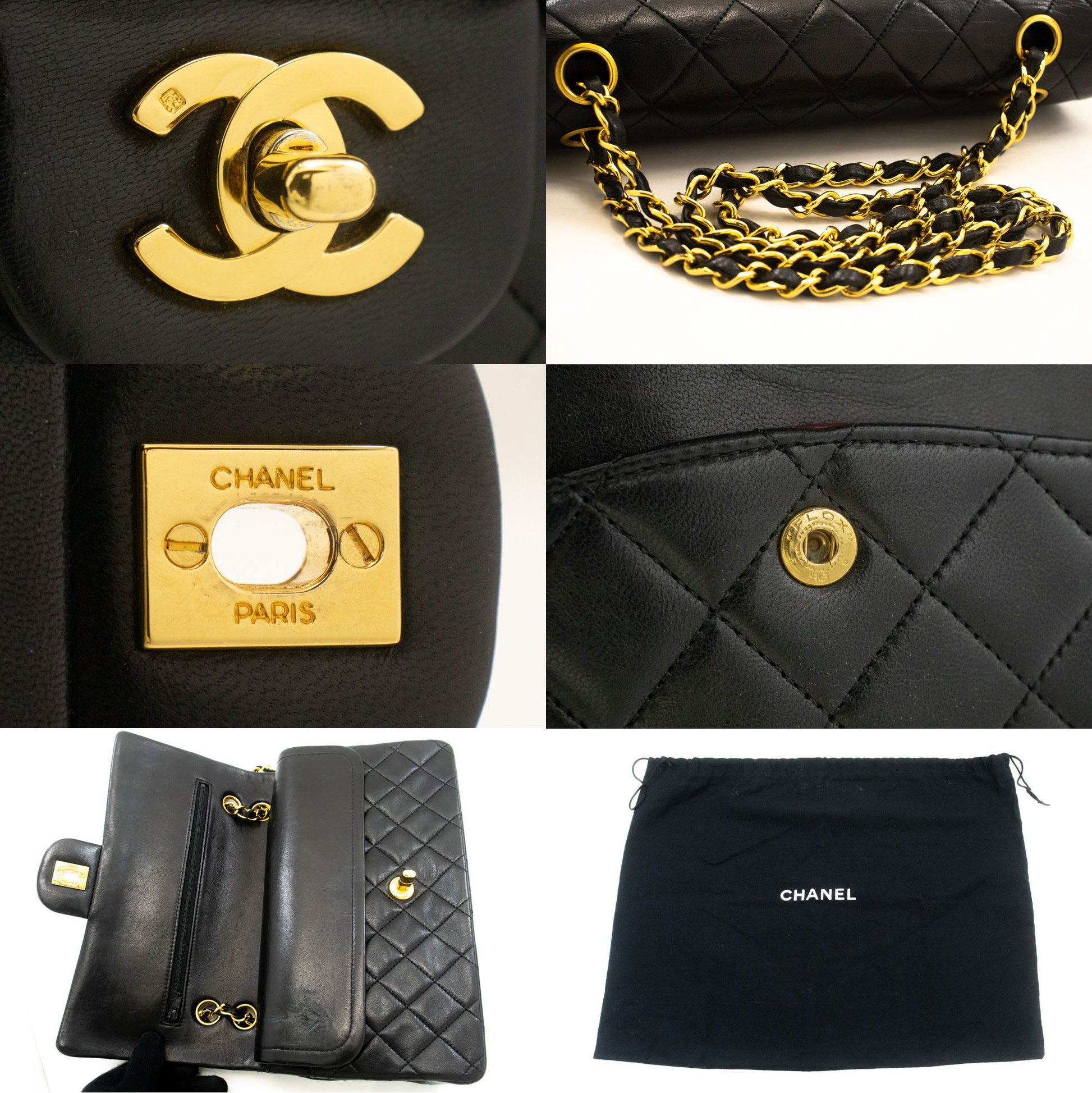 CHANEL Classic Double Flap 10" Chain Shoulder Bag Black Lambskin ad8 hannari-shop