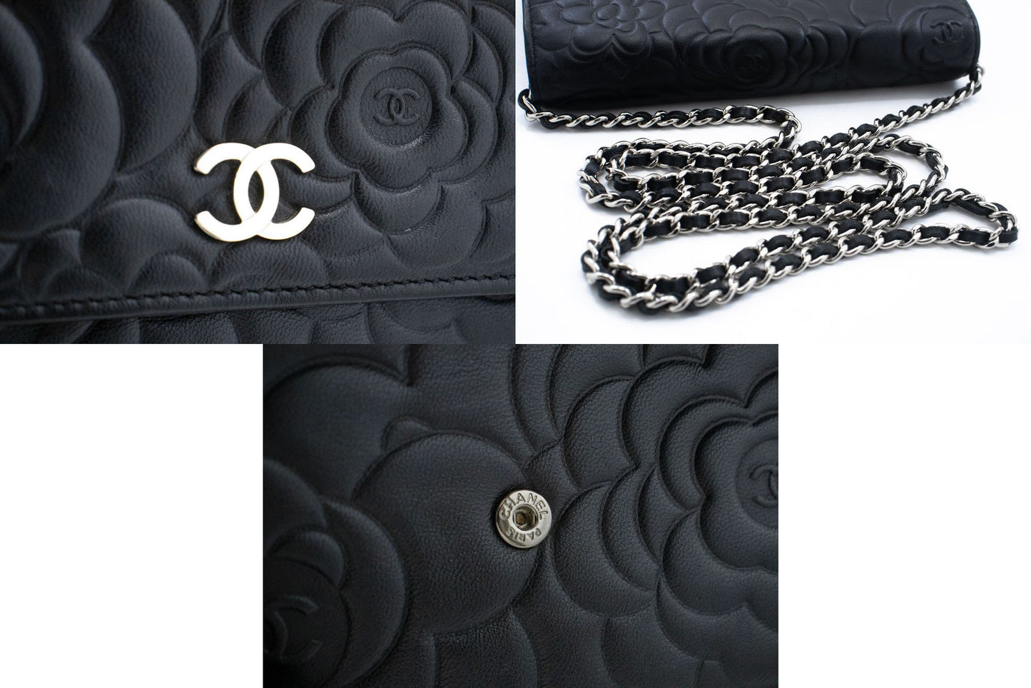 CHANEL Black Camellia Embossed Wallet On Chain WOC Shoulder Bag ab6 hannari-shop