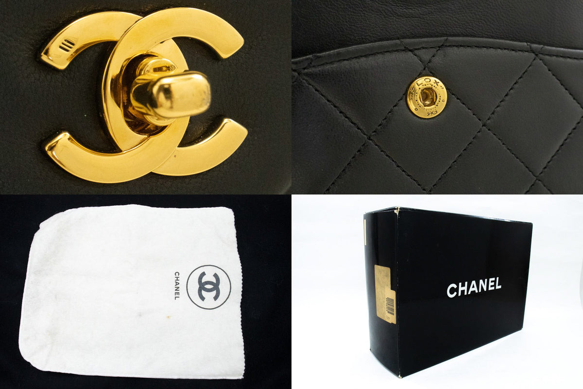 CHANEL Classic Double Flap 10" Chain Shoulder Bag Black Lambskin ao6 — hardware hannari-shop