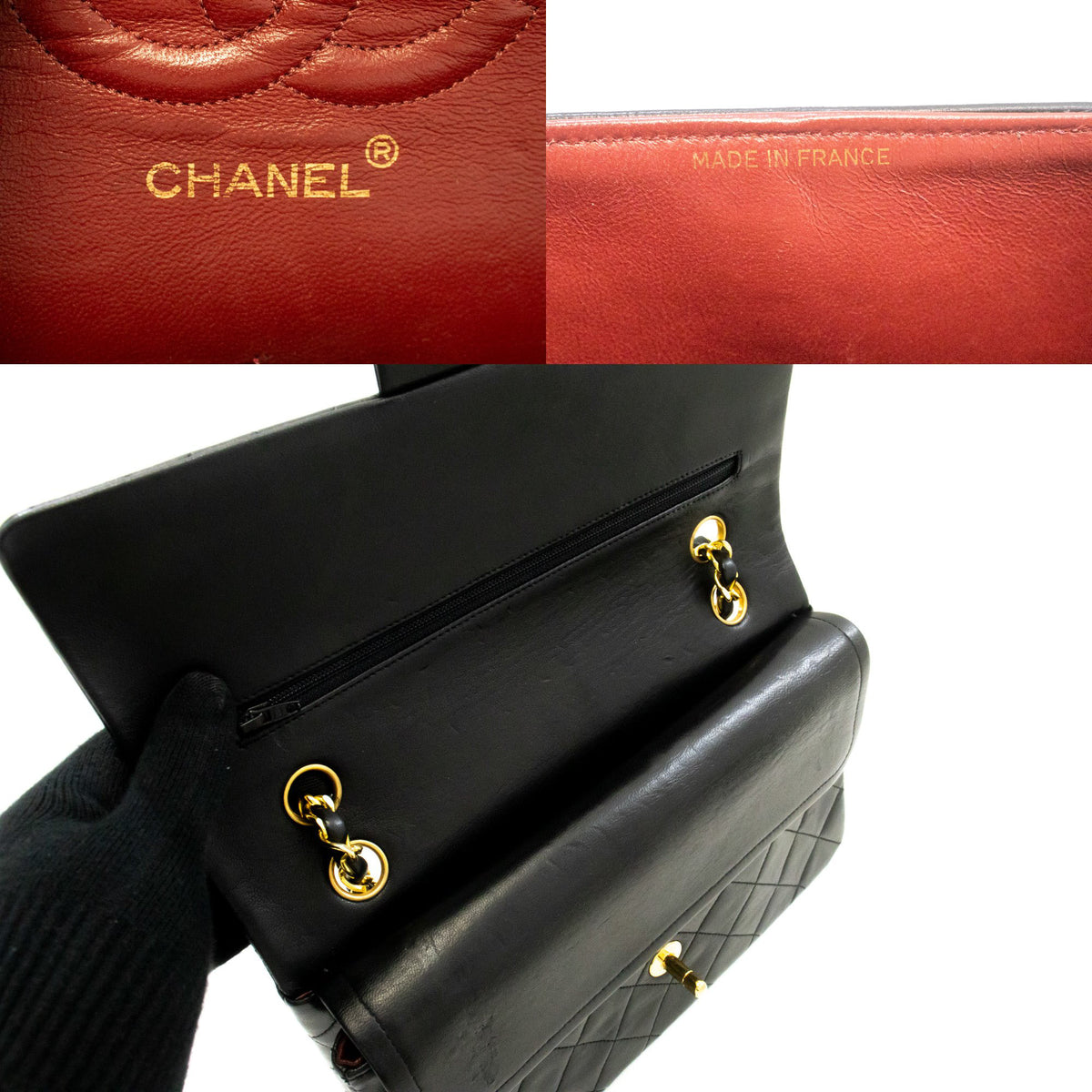 CHANEL Classic Double Flap 10" Chain Shoulder Bag Black Lambskin ao6 — interior CHANEL logo hannari-shop