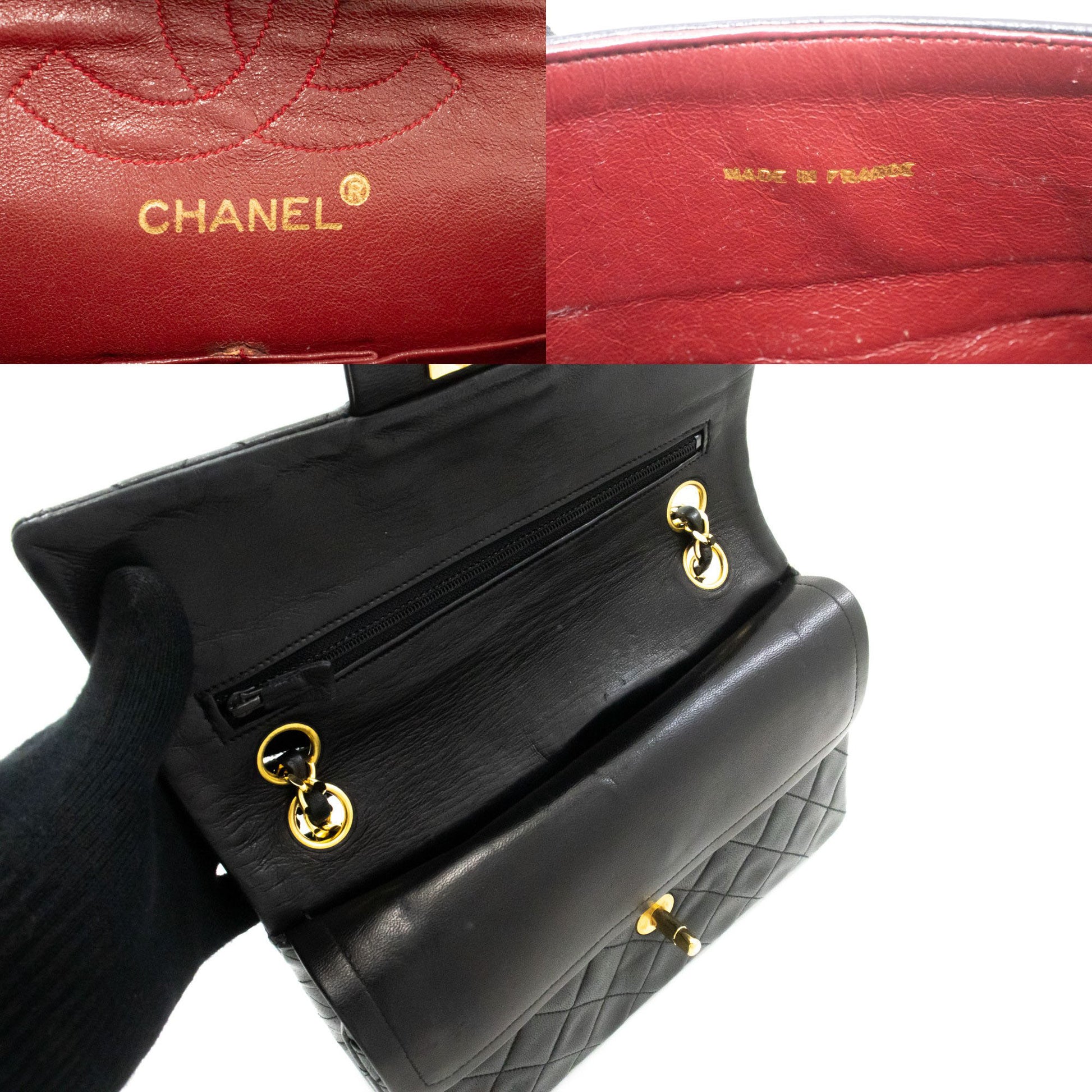 CHANEL Classic Double Flap 9" Chain Shoulder Bag Black Lambskin p46 hannari-shop
