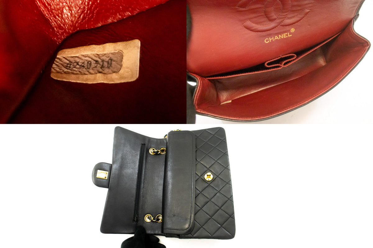 CHANEL Classic Double Flap 10" Chain Shoulder Bag Black Lambskin ao6 — serial number hannari-shop