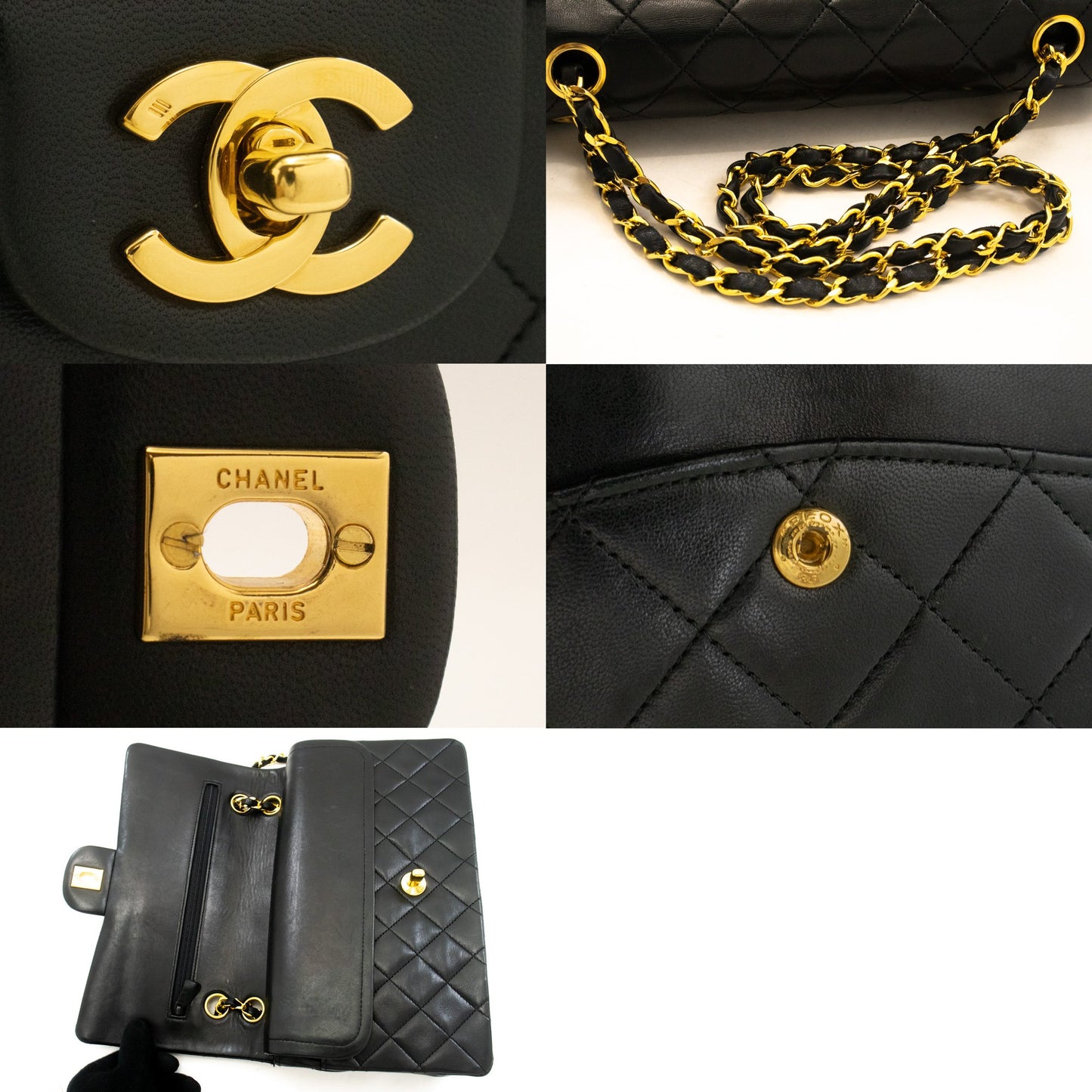 CHANEL Classic Double Flap 10" Chain Shoulder Bag Black Lambskin ak9 hannari-shop