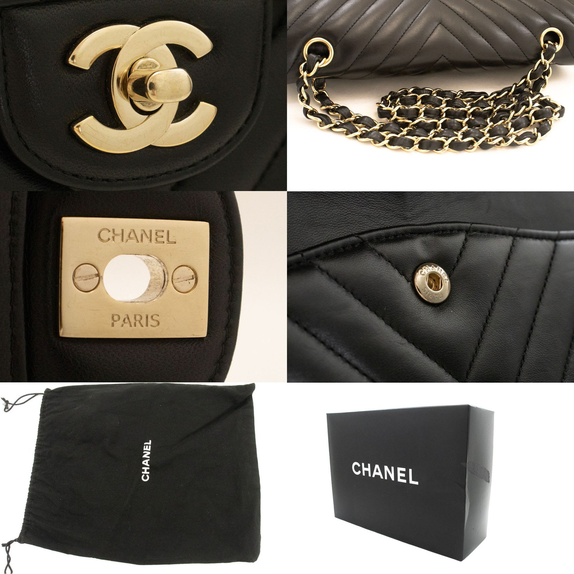 CHANEL V-Stitch Double Flap 10" Chain Shoulder Bag Black Lambskin ai5 hannari-shop