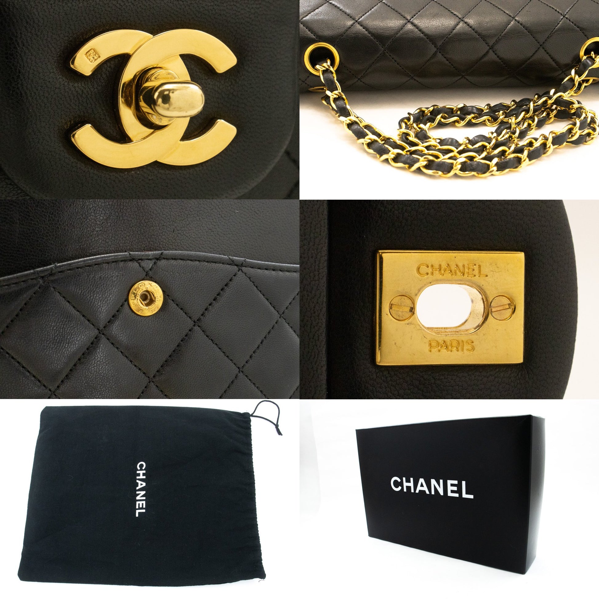 CHANEL Classic Double Flap 10" Chain Shoulder Bag Black Lambskin ak7 hannari-shop