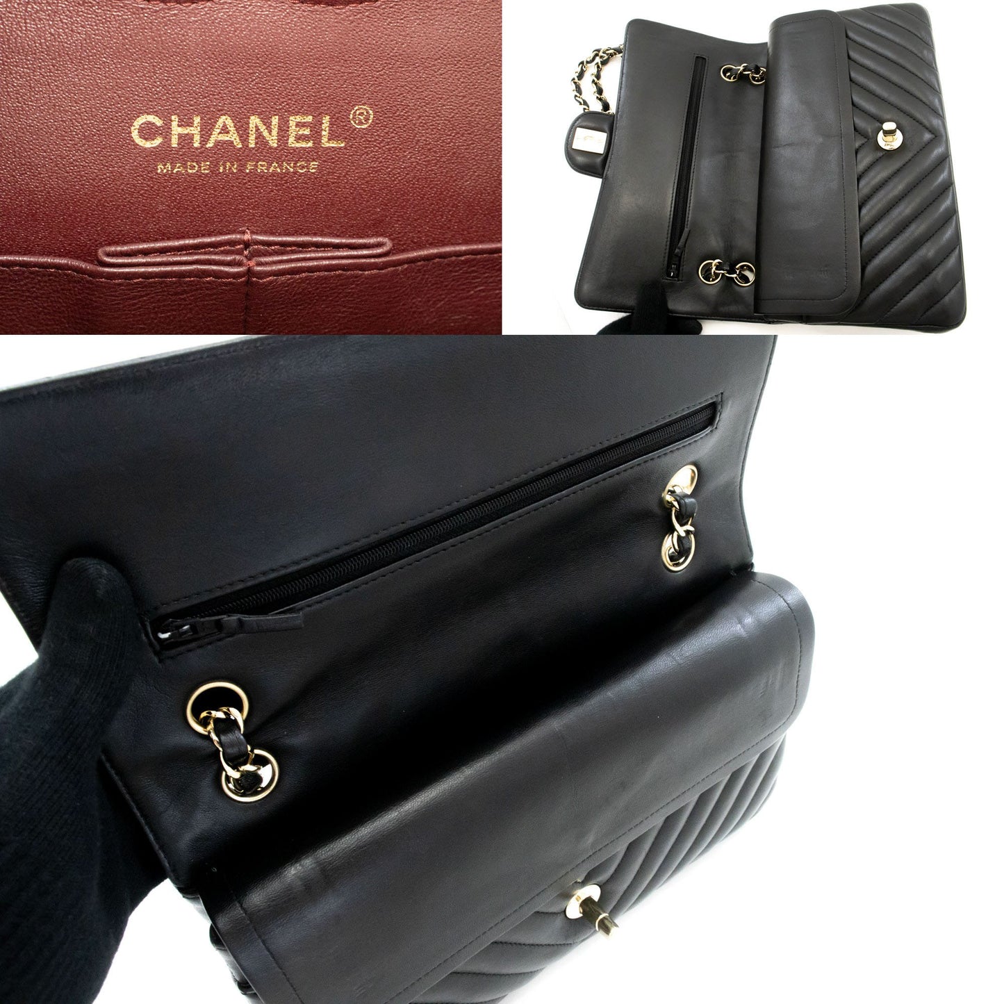 CHANEL V-Stitch Double Flap 10" Chain Shoulder Bag Black Lambskin ai5 hannari-shop