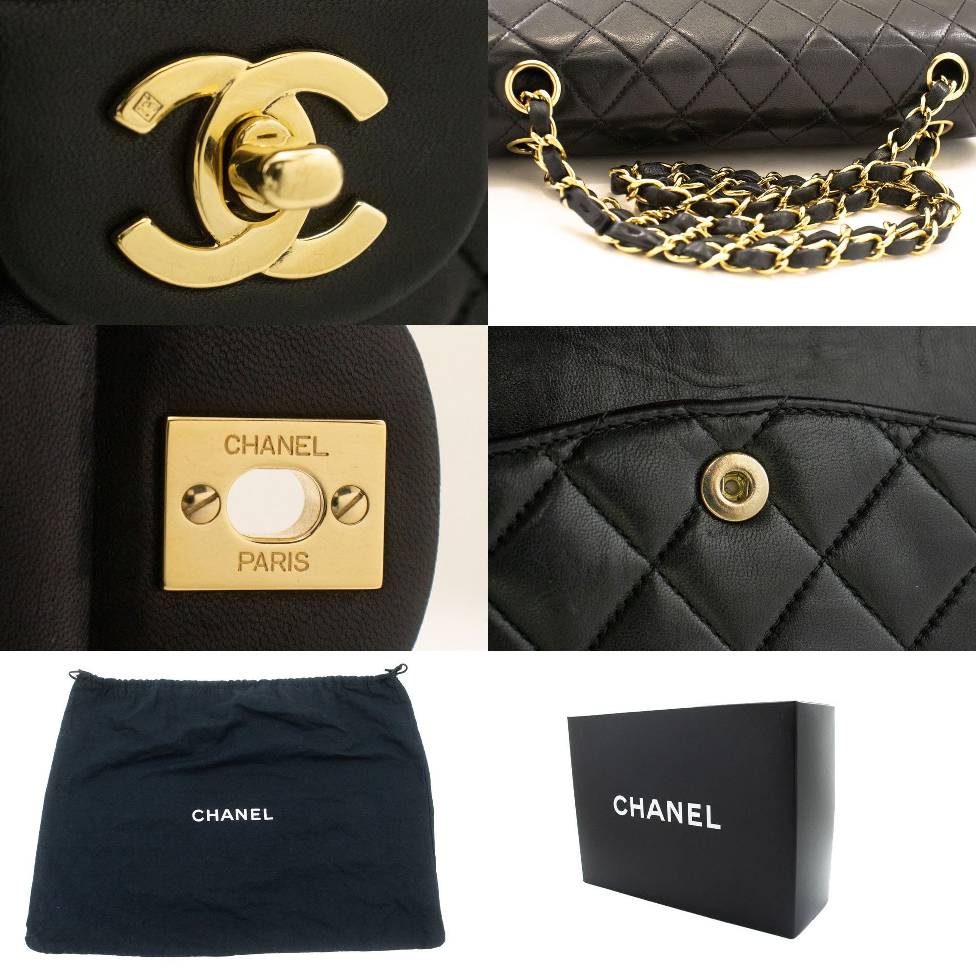 CHANEL Classic Double Flap 10" Chain Shoulder Bag Black Lambskin ac9 hannari-shop