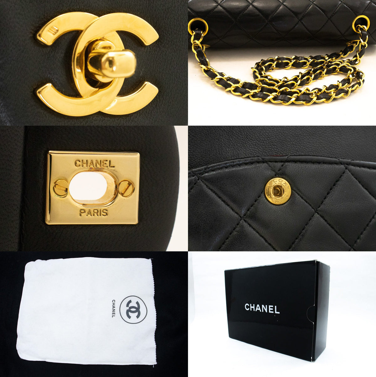 CHANEL Classic Double Flap 10" Chain Shoulder Bag Black Lambskin ap6 — hardware hannari-shop