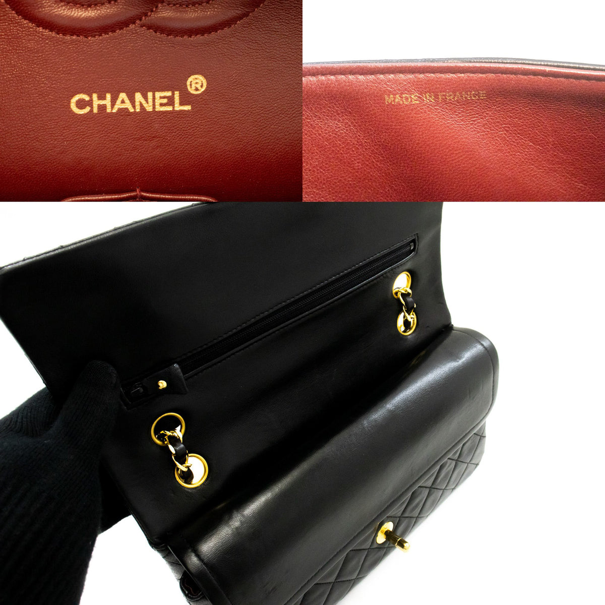 CHANEL Classic Double Flap 10" Chain Shoulder Bag Black Lambskin ap6 — interior CHANEL logo hannari-shop