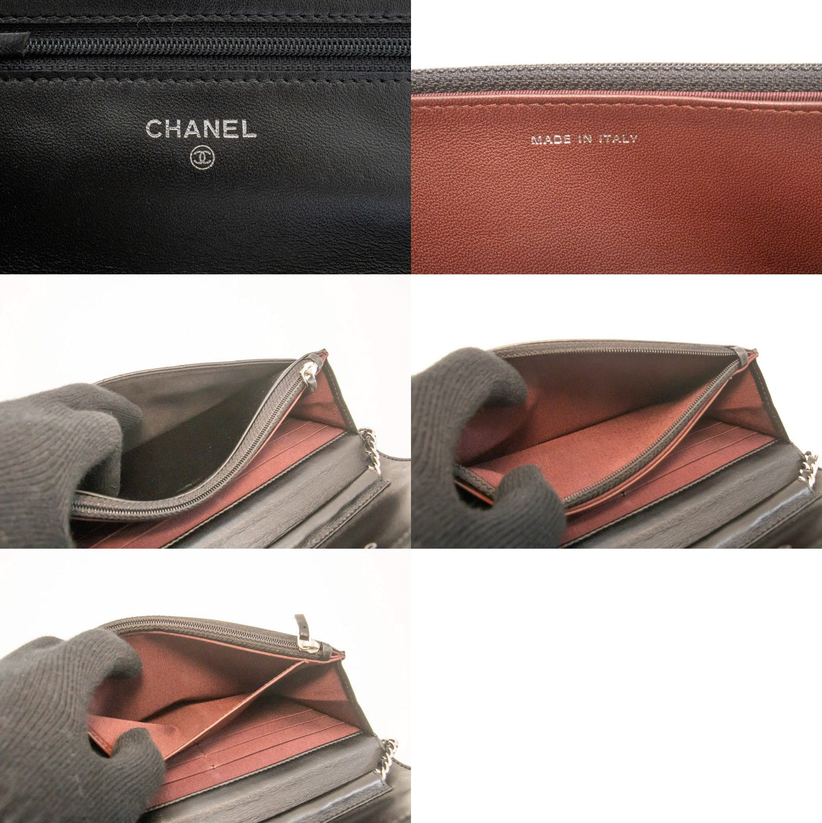 CHANEL Black Classic Wallet On Chain WOC Shoulder Bag Lambskin ap5 — interior CHANEL logo hannari-shop