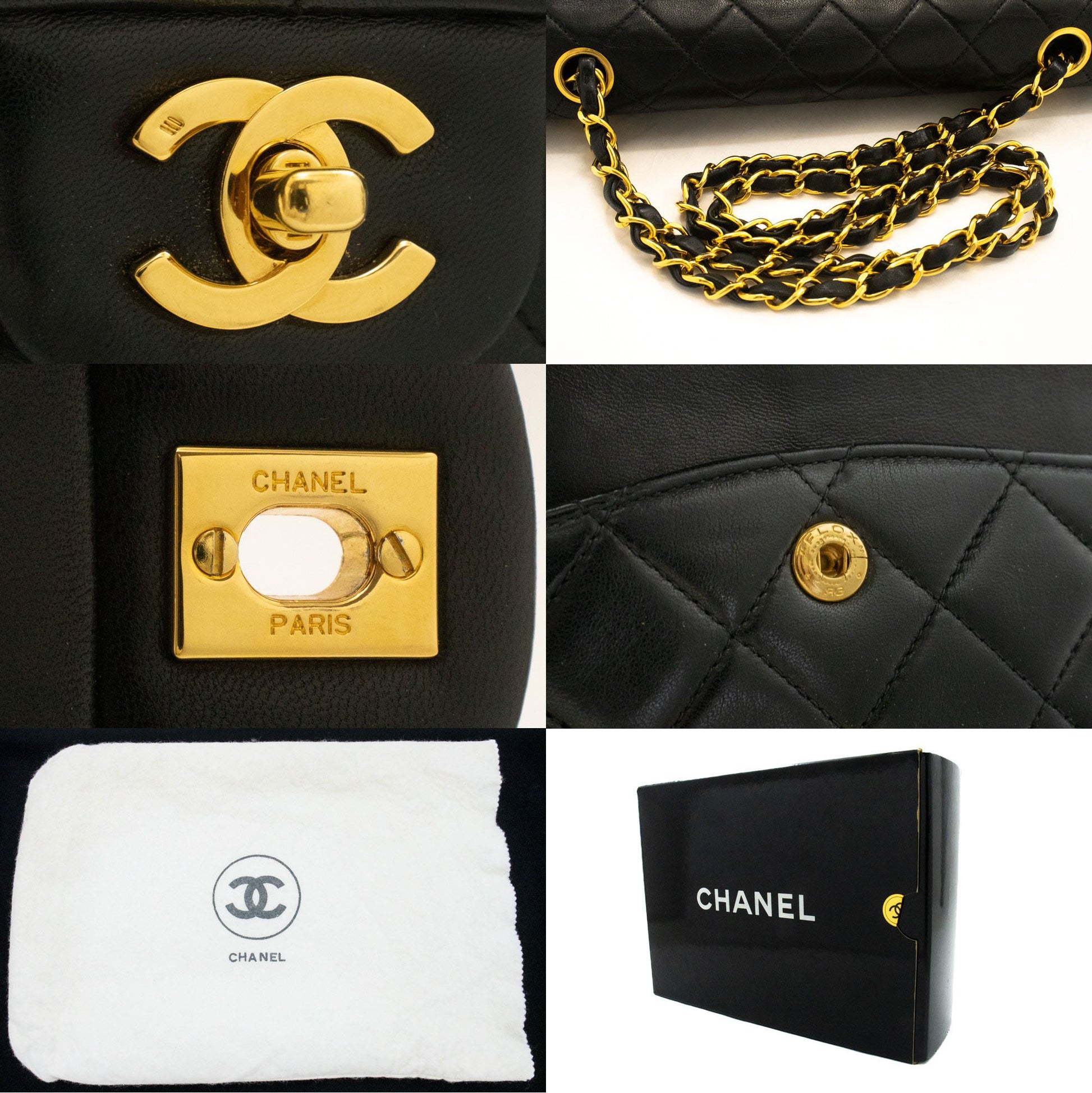 CHANEL Classic Double Flap 10" Chain Shoulder Bag Black Lambskin ag1 hannari-shop