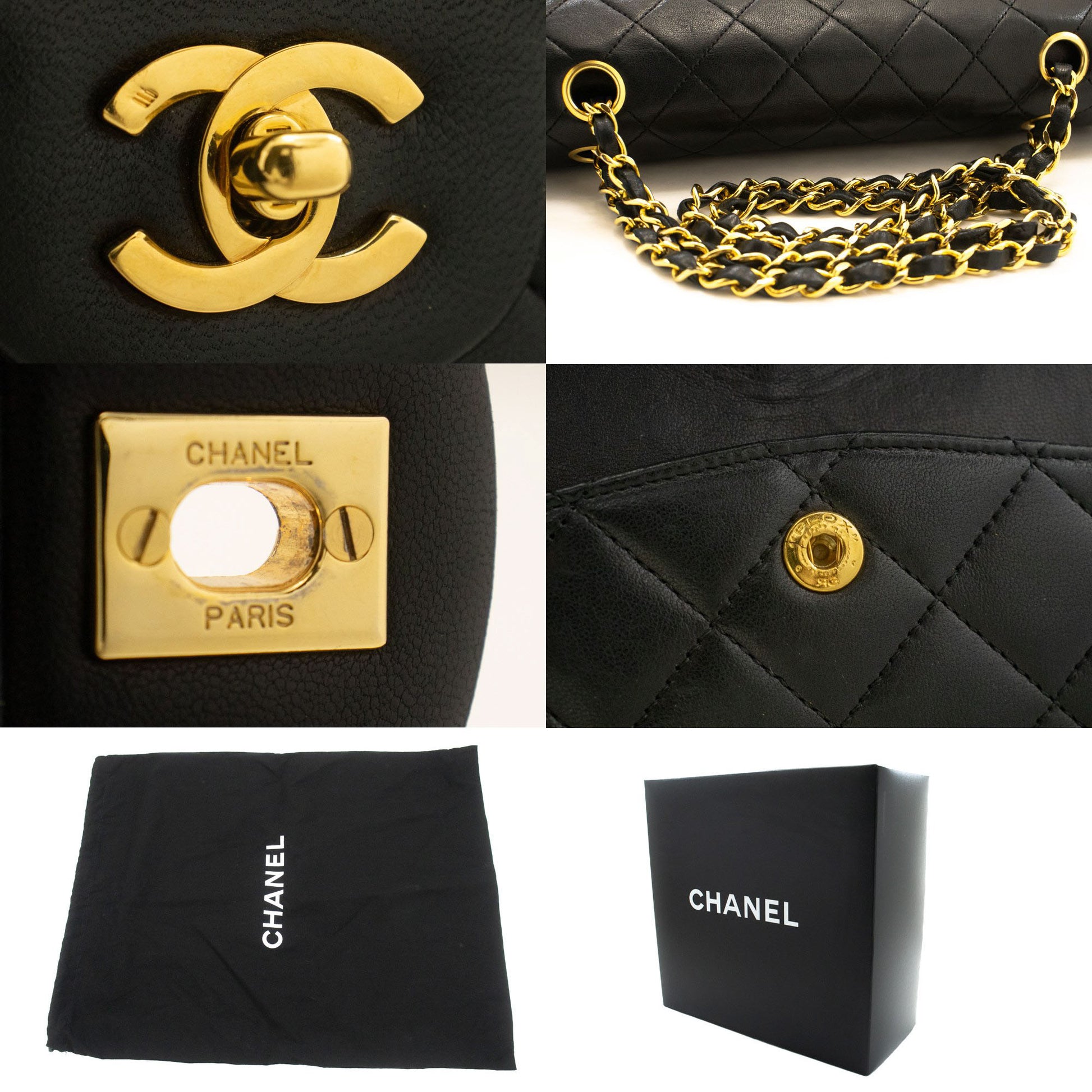 CHANEL Classic Double Flap Square Chain Shoulder Bag Black Lamb ad1 hannari-shop