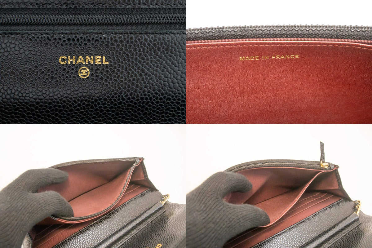 CHANEL Grained Calfskin Wallet On Chain WOC Black Shoulder Bag ap1 — interior CHANEL logo hannari-shop