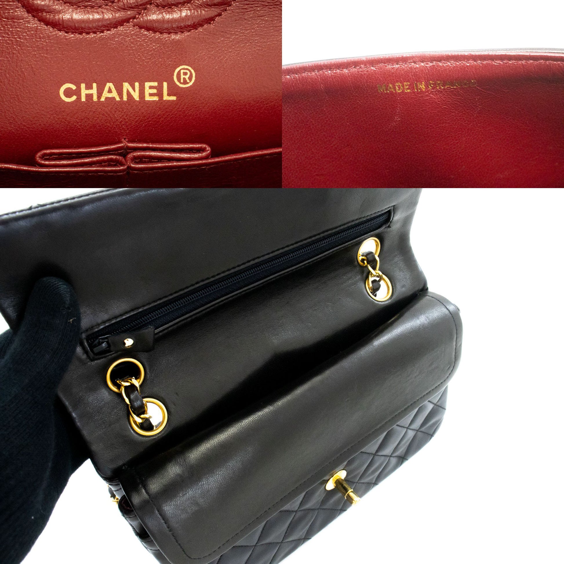 CHANEL Classic Double Flap 9" Chain Shoulder Bag Black Lambskin ah3 hannari-shop