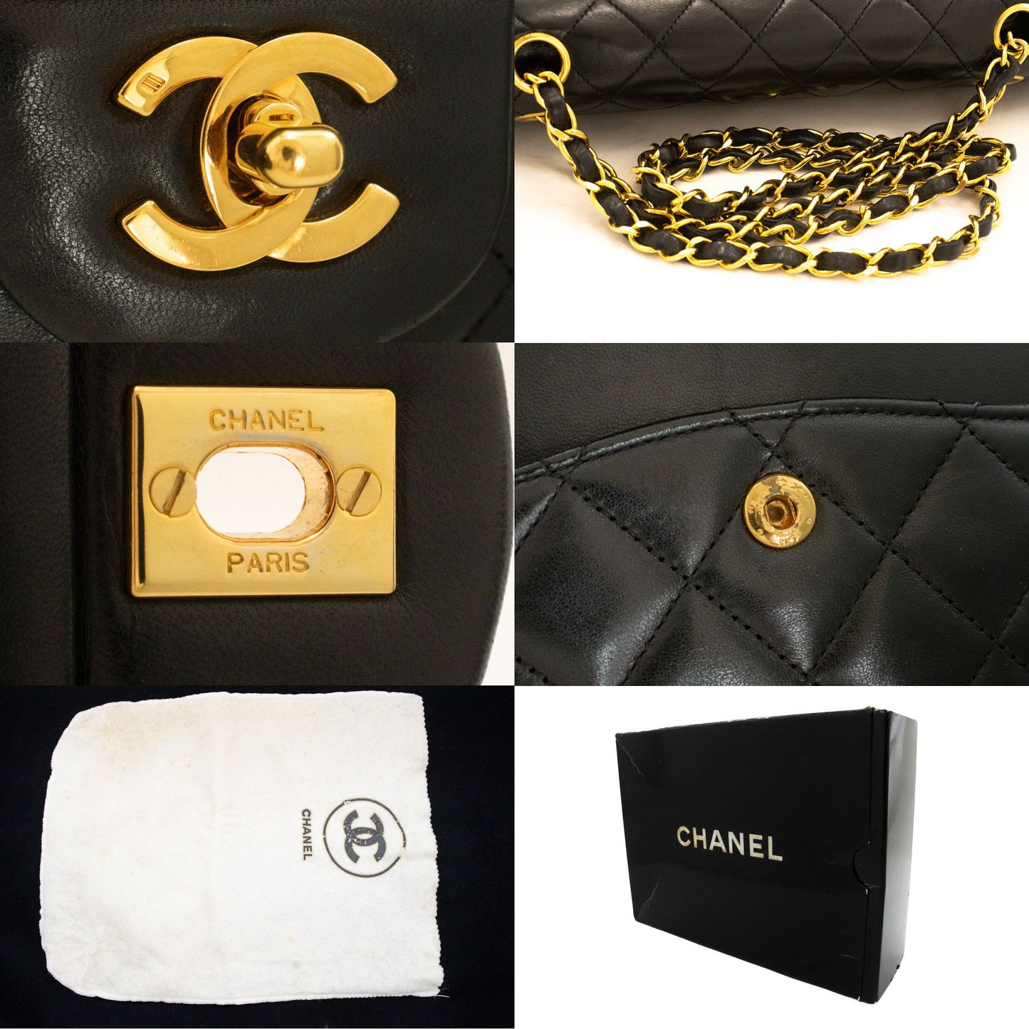 CHANEL Classic Double Flap 10" Chain Shoulder Bag Black Lambskin ah7 hannari-shop