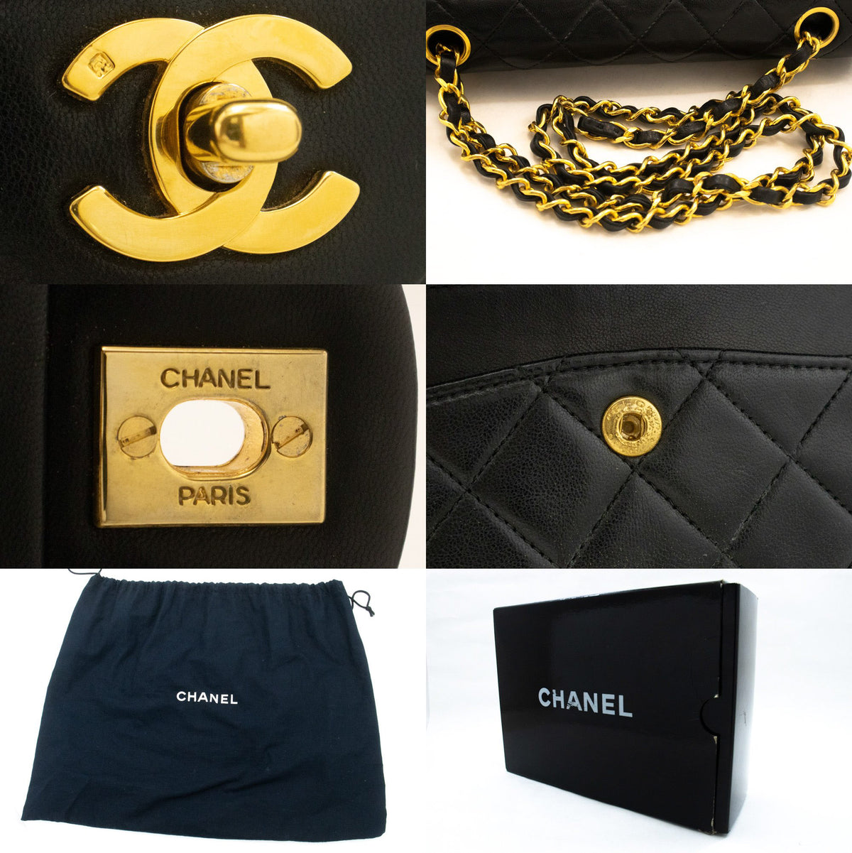 CHANEL Classic Double Flap 9" Chain Shoulder Bag Black Lambskin ap2 — hardware hannari-shop