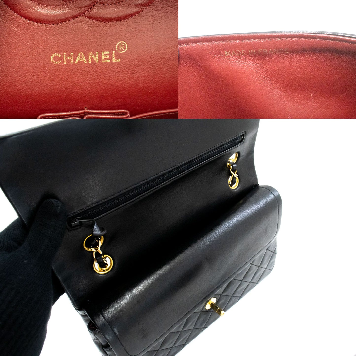 CHANEL Classic Double Flap 10" Chain Shoulder Bag Black Lambskin ah7 hannari-shop