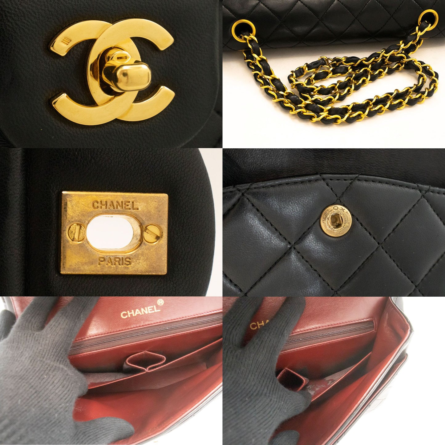 CHANEL Classic Double Flap Square Chain Shoulder Bag Black Lamb ah5 hannari-shop