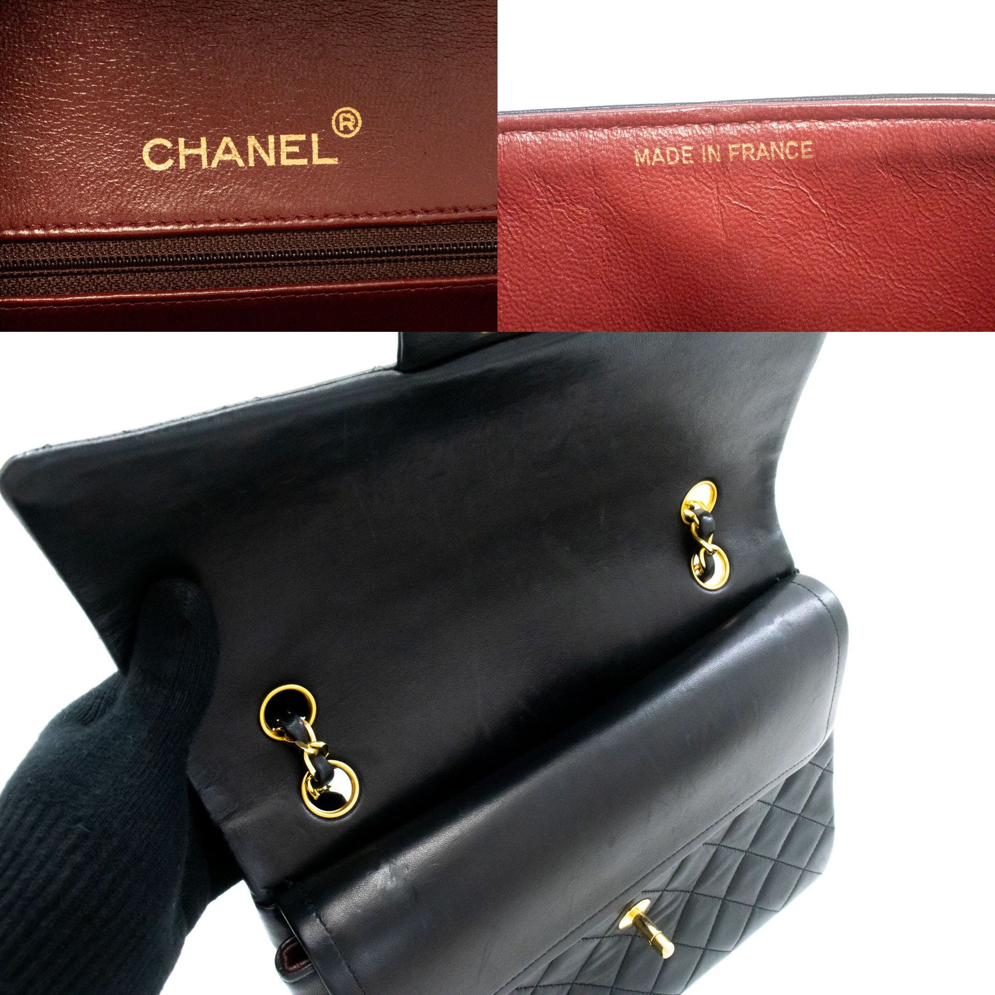 CHANEL Classic Double Flap Square Chain Shoulder Bag Black Lamb ah5 hannari-shop