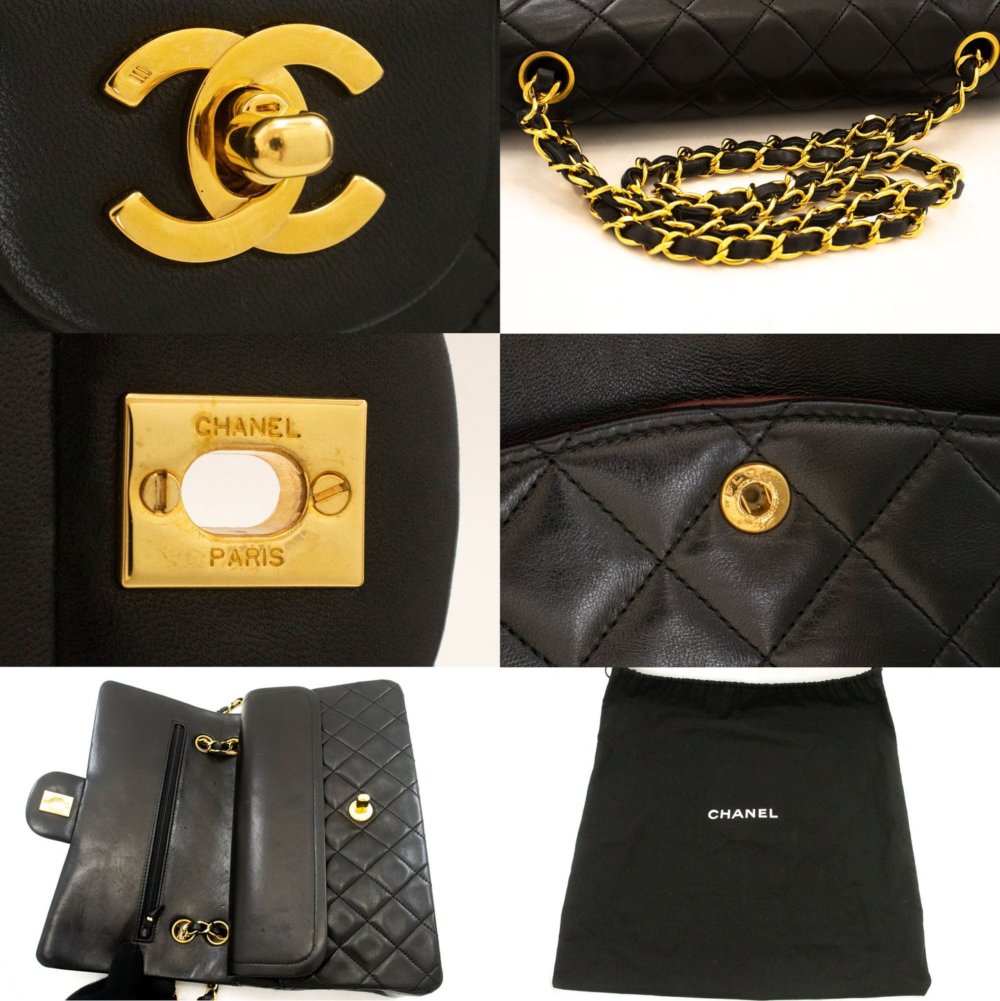 CHANEL Classic Double Flap 10" Chain Shoulder Bag Black Lambskin ak3 hannari-shop