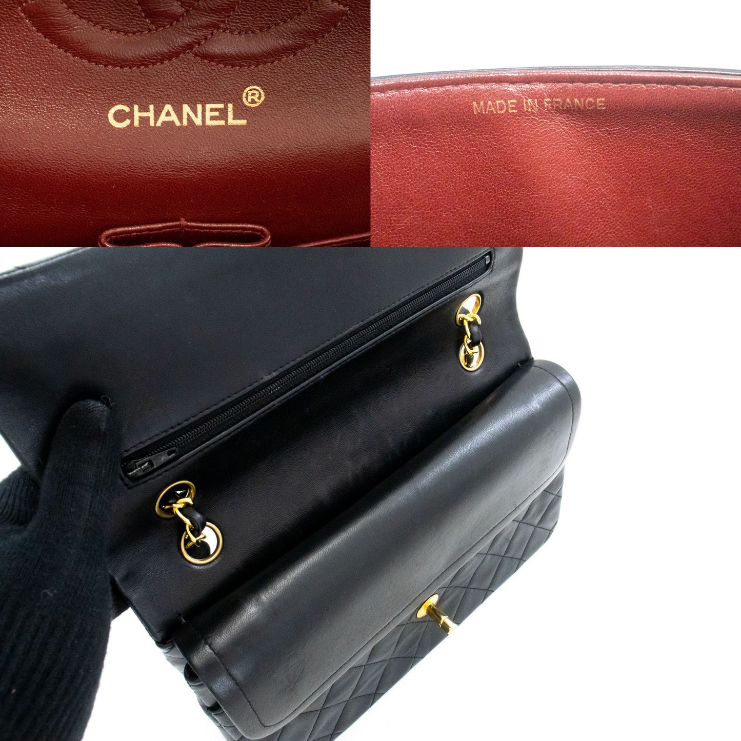 CHANEL Classic Double Flap 10" Chain Shoulder Bag Black Lambskin aj5 hannari-shop