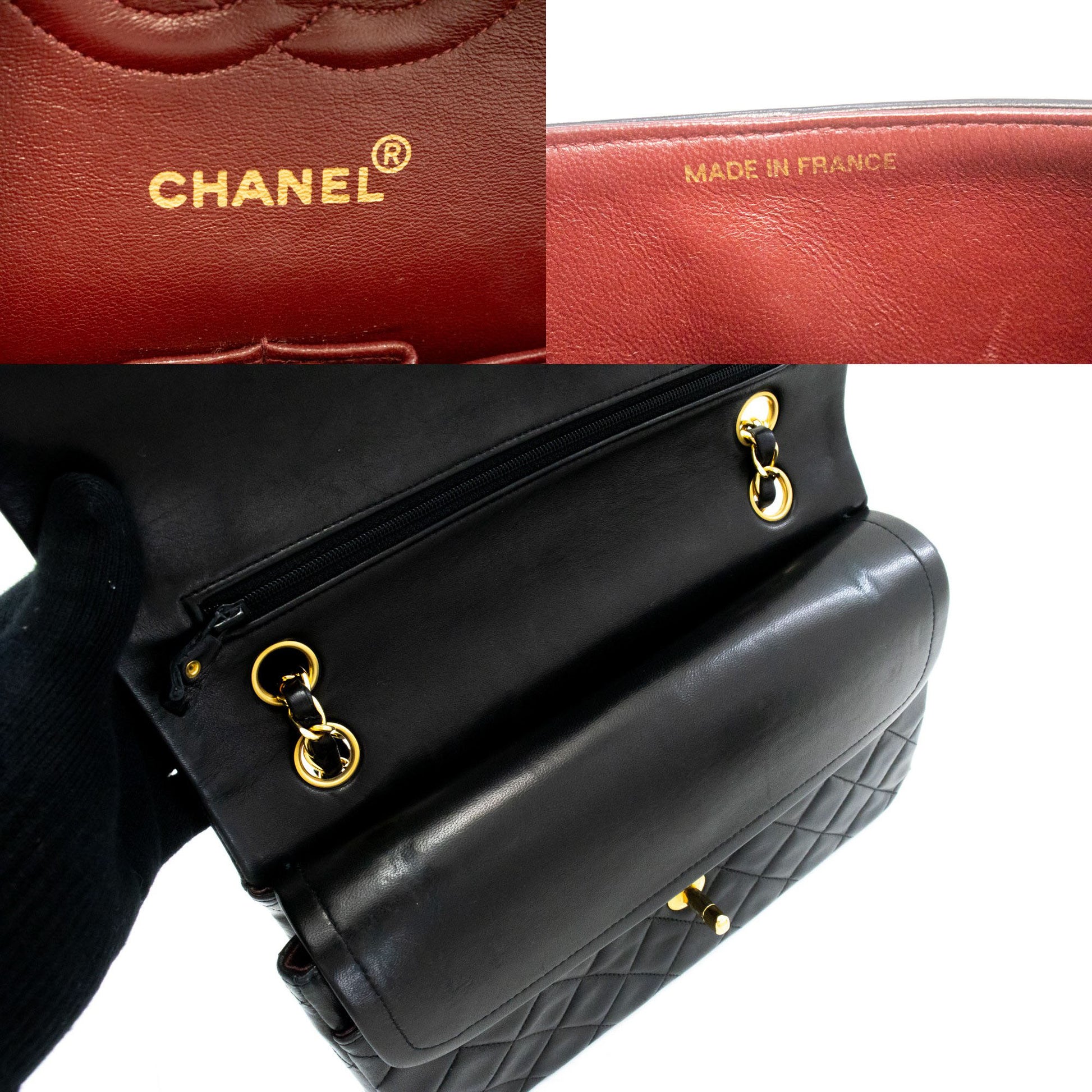 CHANEL Classic Double Flap 10" Chain Shoulder Bag Black Lambskin aj8 hannari-shop