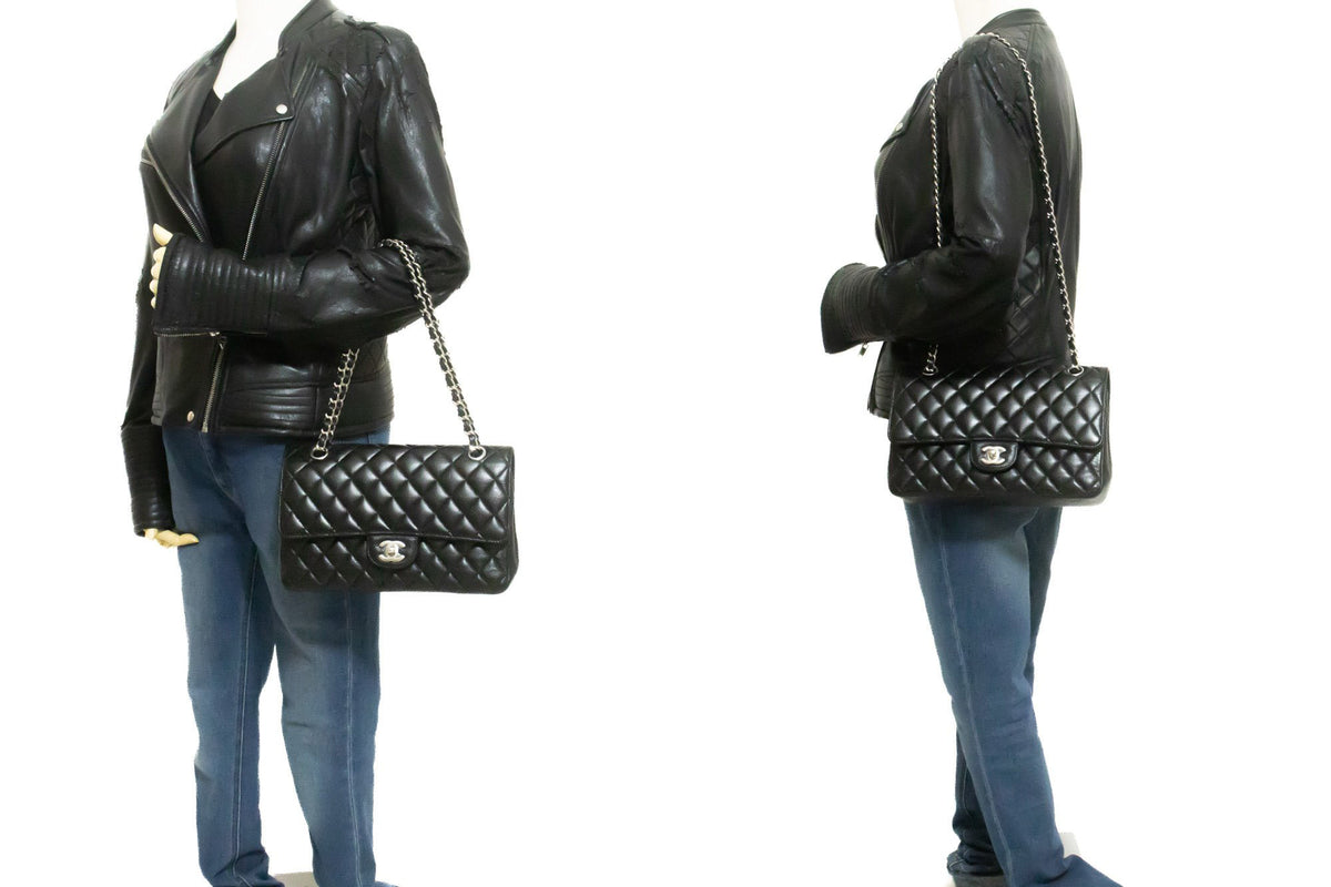 CHANEL Grained Calfskin Double Flap 10" Chain Shoulder Bag Black ao1 hannari-shop