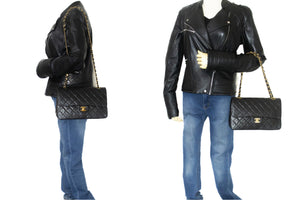CHANEL Classic Double Flap 10" Chain Shoulder Bag Black Lambskin m77 hannari-shop