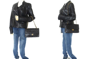 CHANEL Classic Double Flap 10" Chain Shoulder Bag Black Lambskin p18 hannari-shop