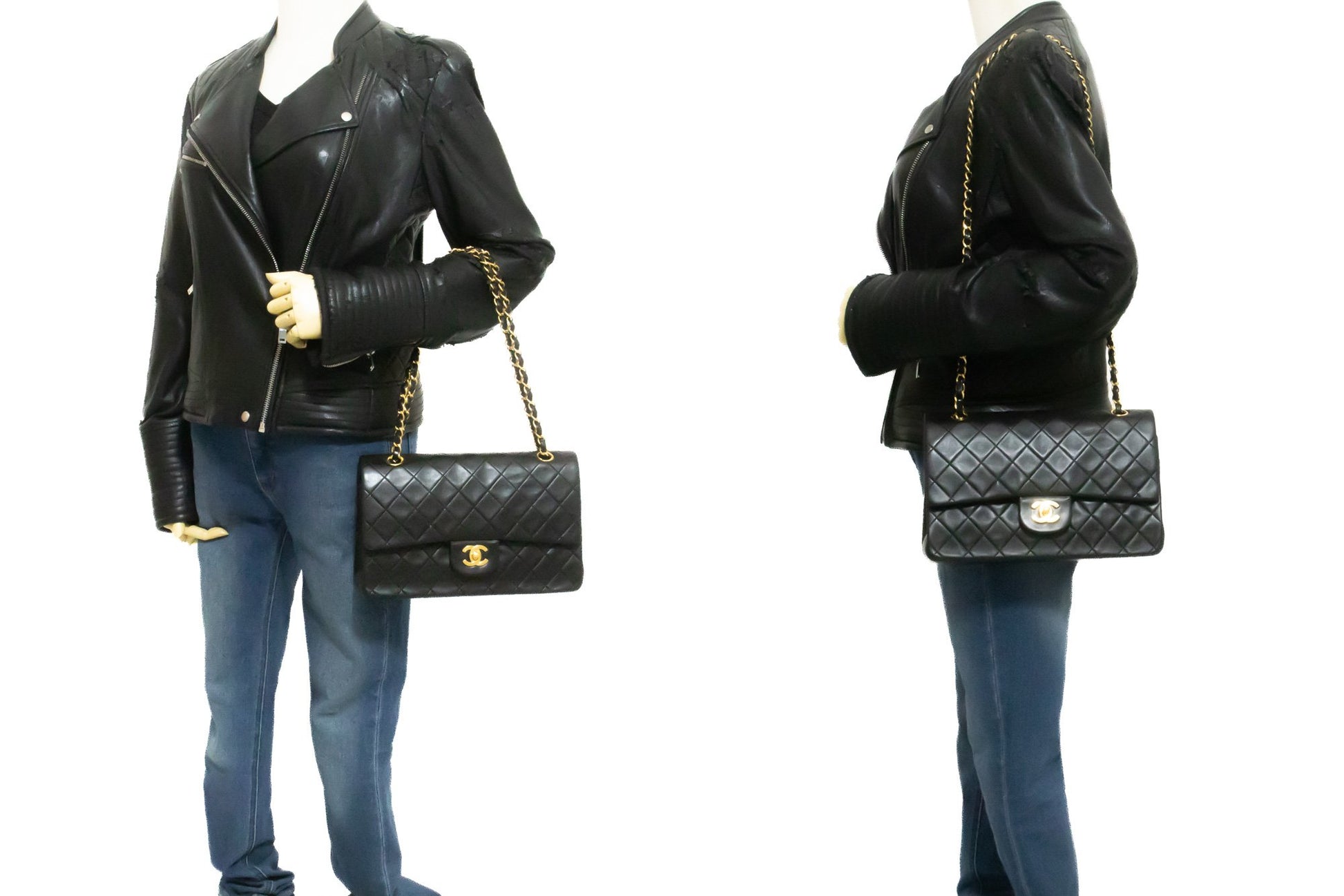 CHANEL Classic Double Flap 10" Chain Shoulder Bag Black Lambskin am1 hannari-shop
