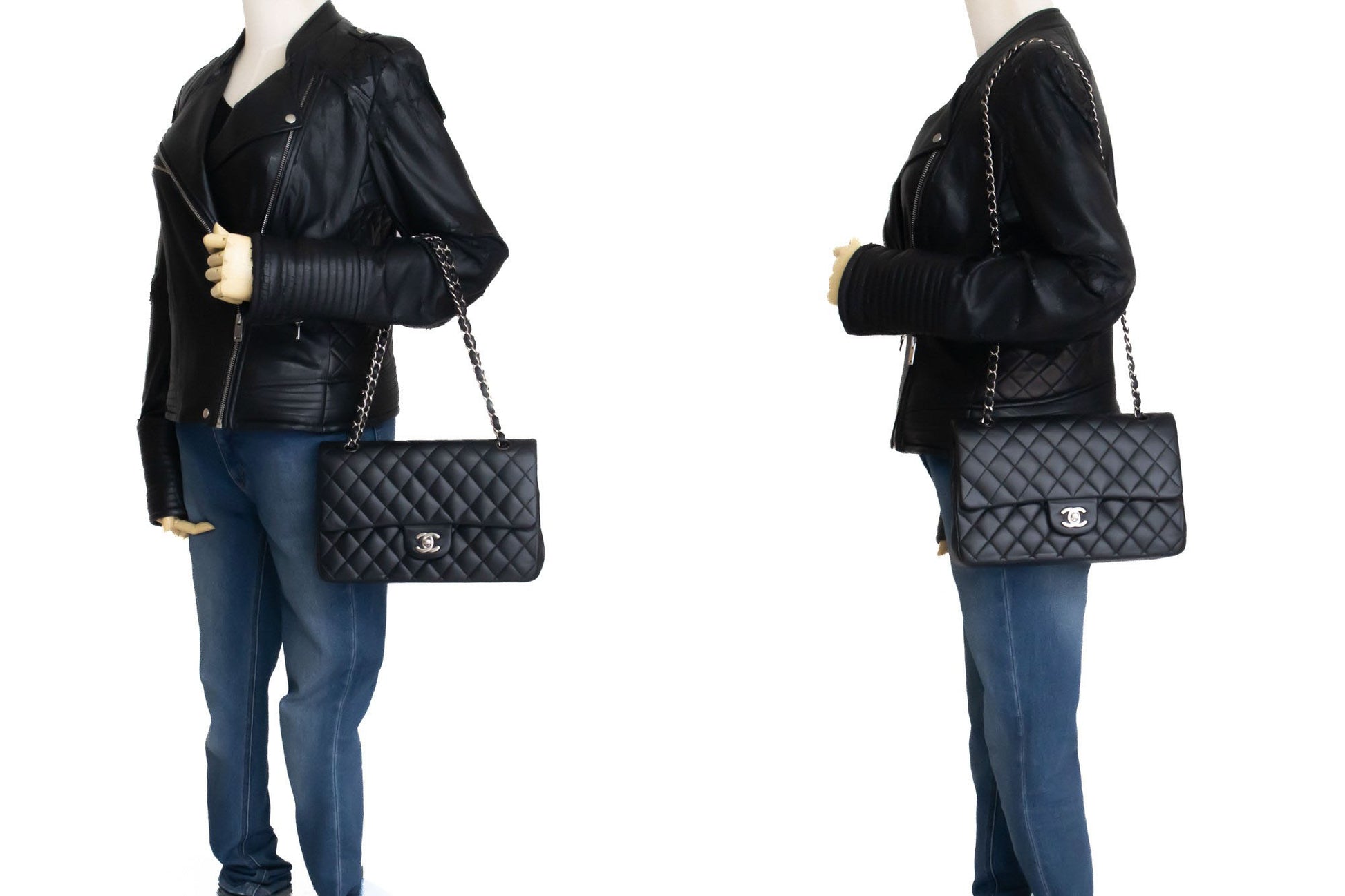 CHANEL Classic Double Flap 10" Silver Chain Shoulder Bag Black ai1 hannari-shop