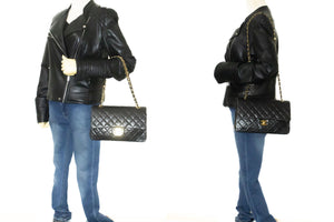 CHANEL Classic Double Flap 10" Chain Shoulder Bag Black Lambskin p10 hannari-shop