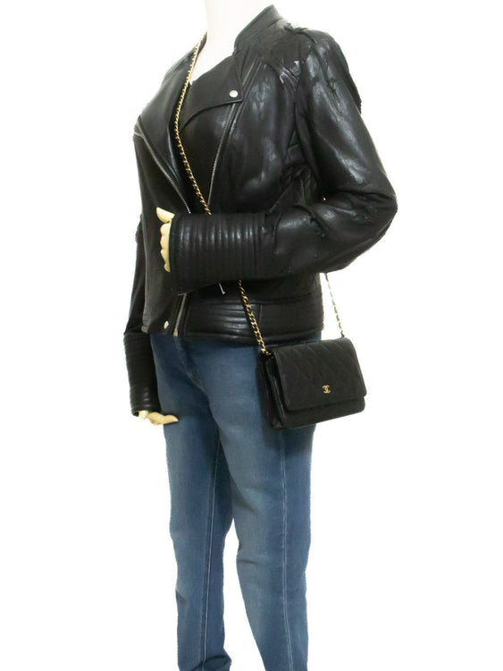 CHANEL Black Classic Wallet On Chain WOC Shoulder Bag Gold Clutch an9 hannari-shop