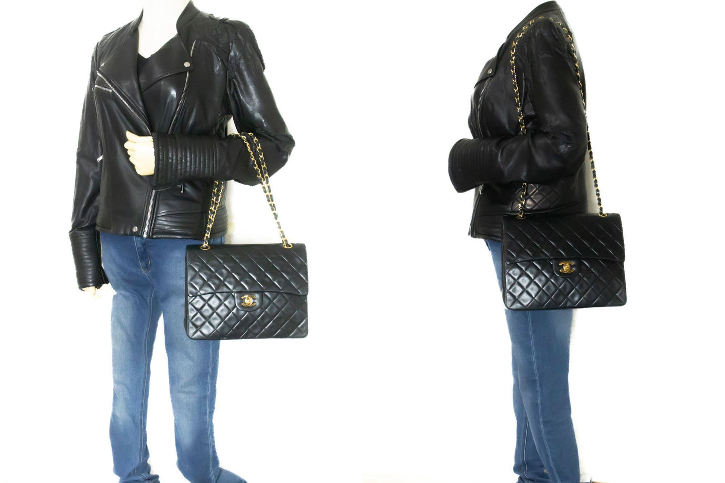 CHANEL Classic Double Flap Square Chain Shoulder Bag Black Lamb ad7 hannari-shop