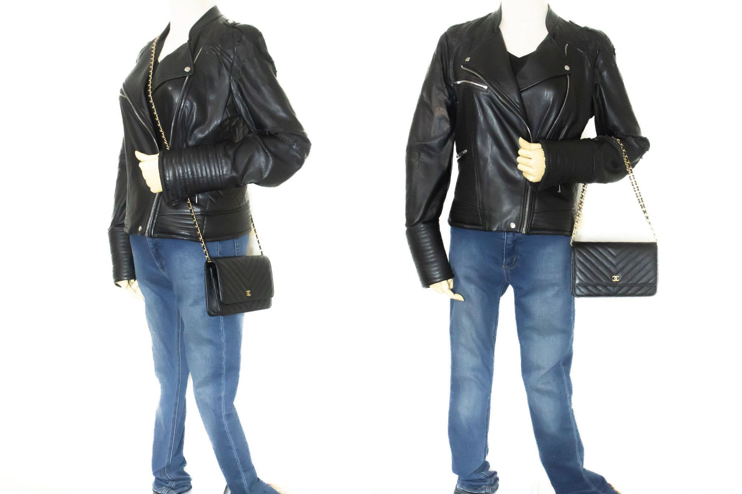 CHANEL V-Stitch Calfskin Wallet On Chain WOC Chain Shoulder Bag ab2 hannari-shop