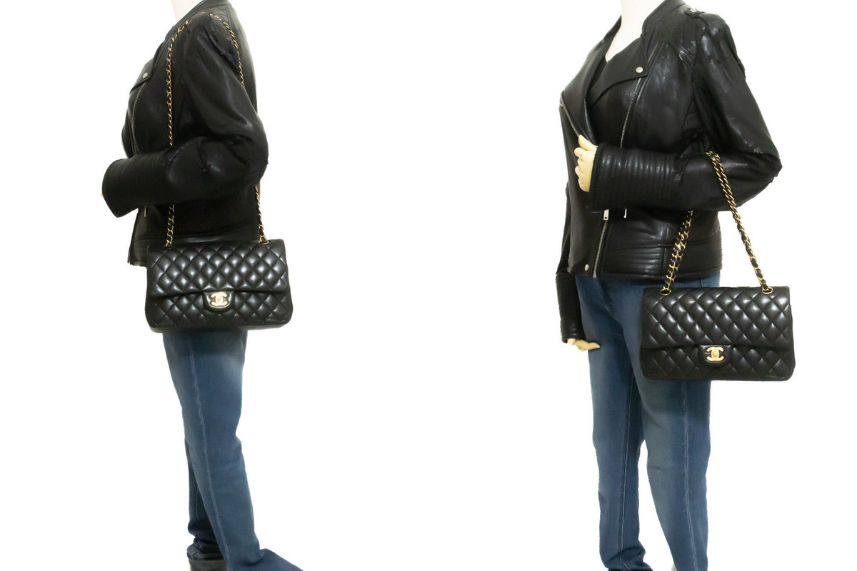 CHANEL Classic Double Flap 10" Chain Shoulder Bag Black Lambskin aq1 — on mannequin hannari-shop