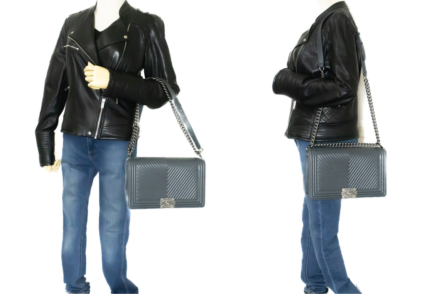 CHANEL Boy Dark Gray V-Stitch Chain Shoulder Bag Quilted Flap n41 hannari-shop