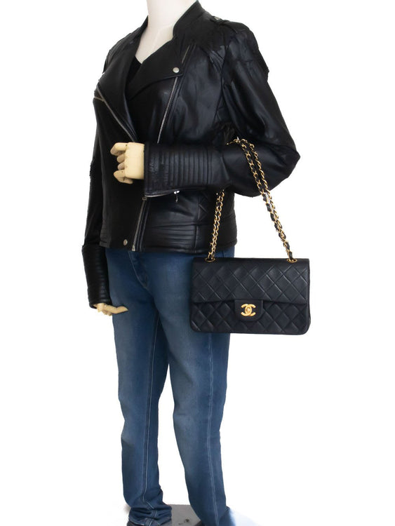 CHANEL Classic Double Flap 9" Chain Shoulder Bag Black Lambskin ak5 hannari-shop