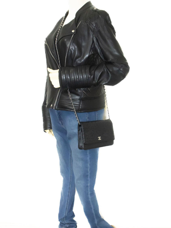 CHANEL Black Camellia Embossed Wallet On Chain WOC Shoulder Bag ab6 hannari-shop