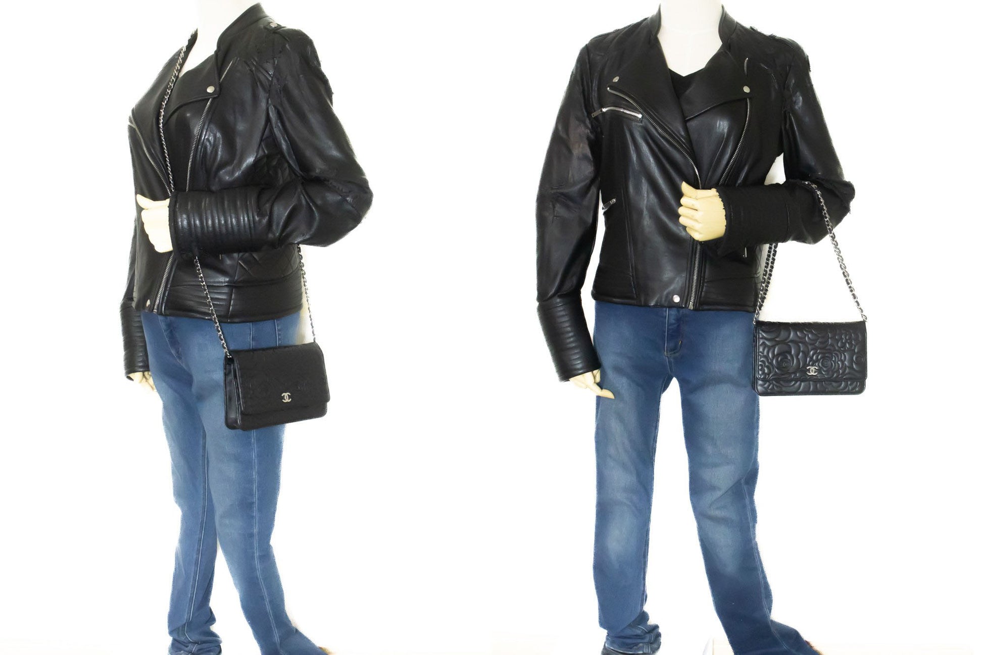 CHANEL Black Camellia Embossed Wallet On Chain WOC Shoulder Bag ab6 hannari-shop