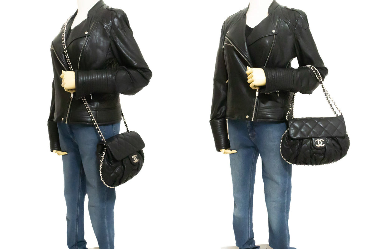 CHANEL Chain Around Shoulder Bag Crossbody Black Calfskin Leather ap9 — on mannequin hannari-shop