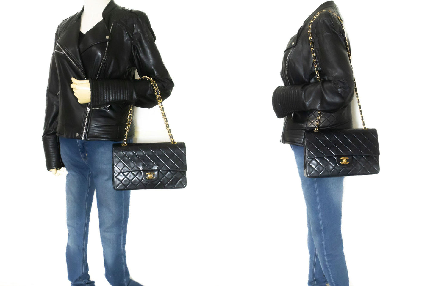 CHANEL Classic Double Flap 10" Chain Shoulder Bag Black Lambskin ad8 hannari-shop