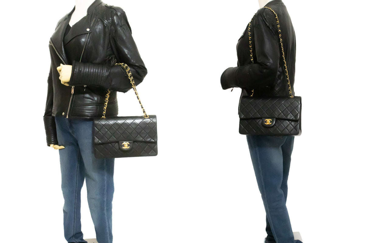 CHANEL Classic Double Flap 10" Chain Shoulder Bag Black Lambskin ao6 — on mannequin hannari-shop