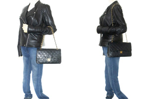CHANEL Classic Double Flap 10" Chain Shoulder Bag Black Lambskin p21 hannari-shop