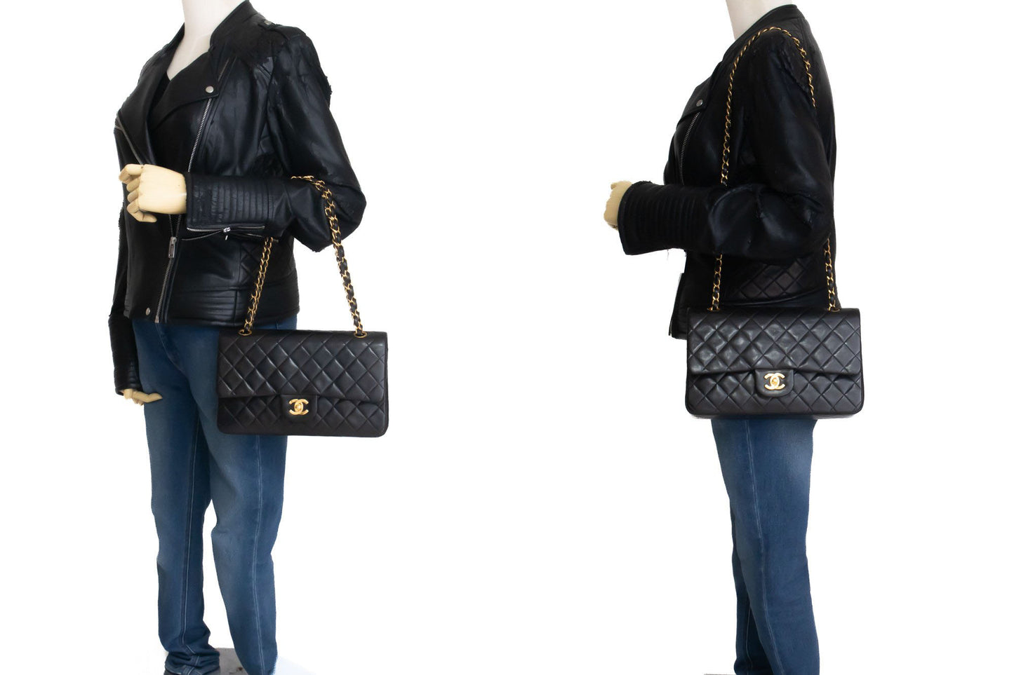CHANEL Classic Double Flap 10" Chain Shoulder Bag Black Lambskin ak4 hannari-shop